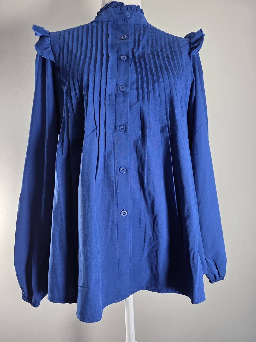 Women’s Royal Blue Ruffle Pleated Button Front Blouse Size Large
